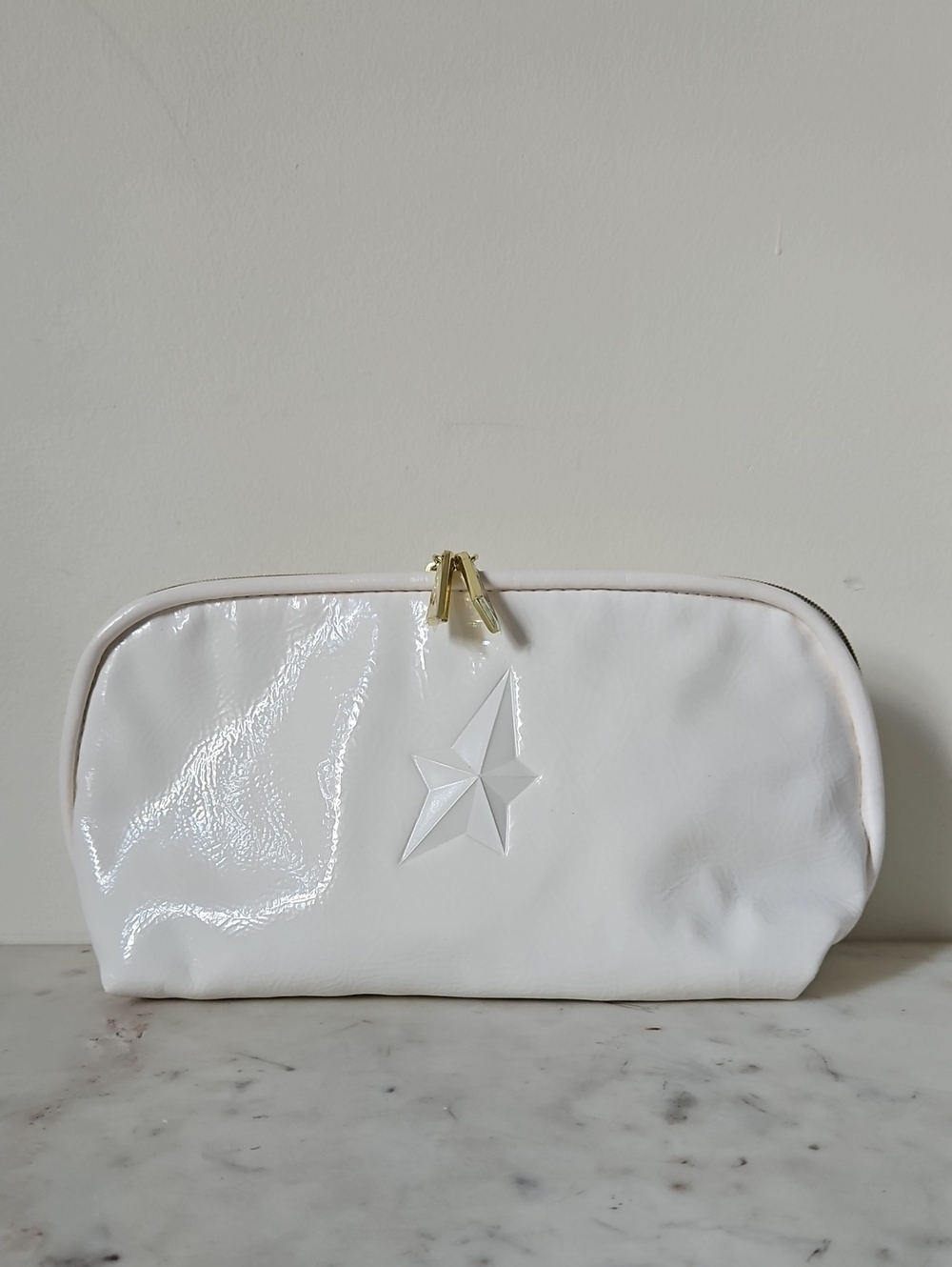 THIERRY MUGLER: NEW Glam White Logo Cosmetic Pouch with Gold Logo Hardware